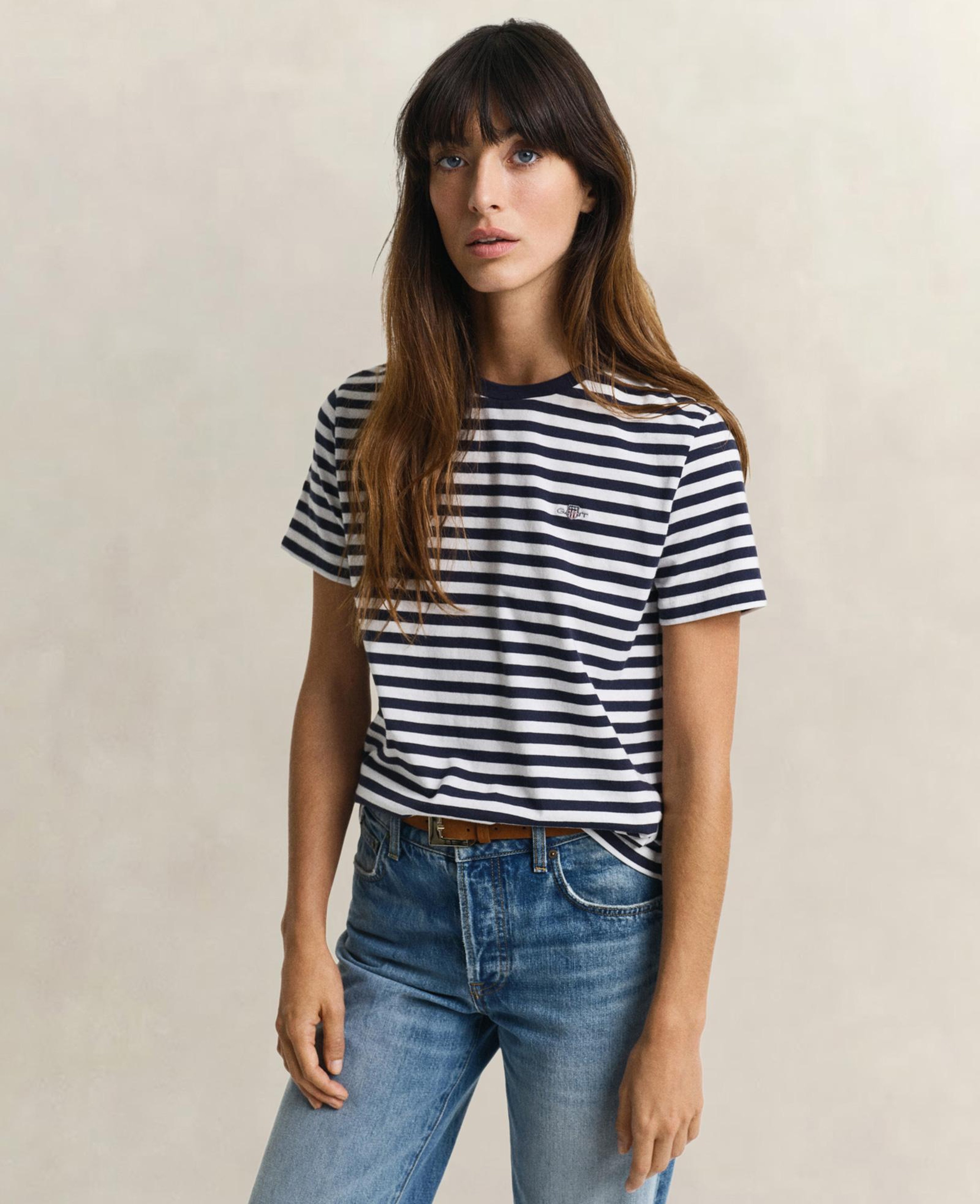 GANT Kadın Lacivert Bisiklet Yaka Regular Fit Çizgili T-Shirt