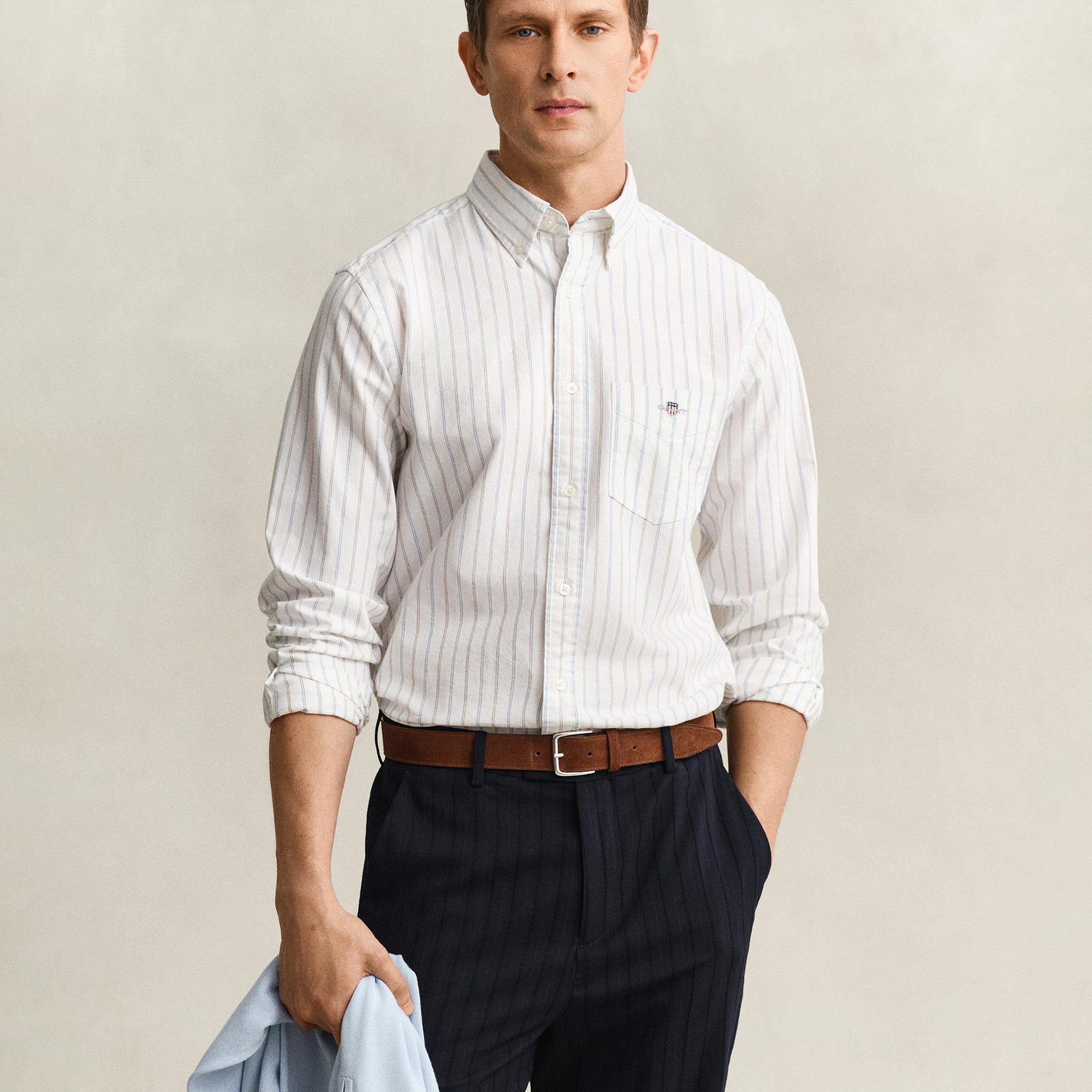 GANT Erkek Beyaz Regular Fit Çizgili Logolu Gömlek