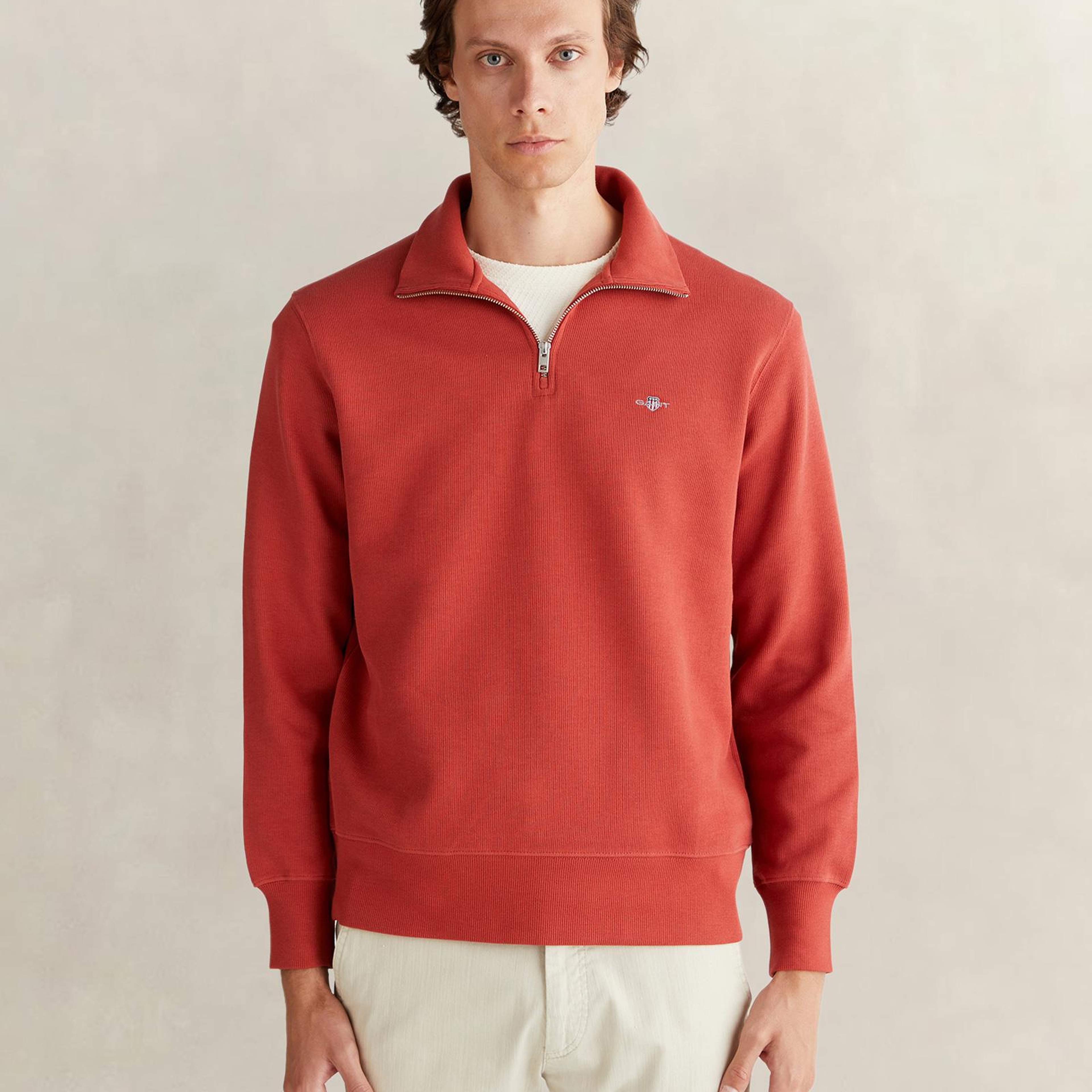 GANT Erkek Kırmızı Regular Fit Yarım Fermuarlı Sweatshirt