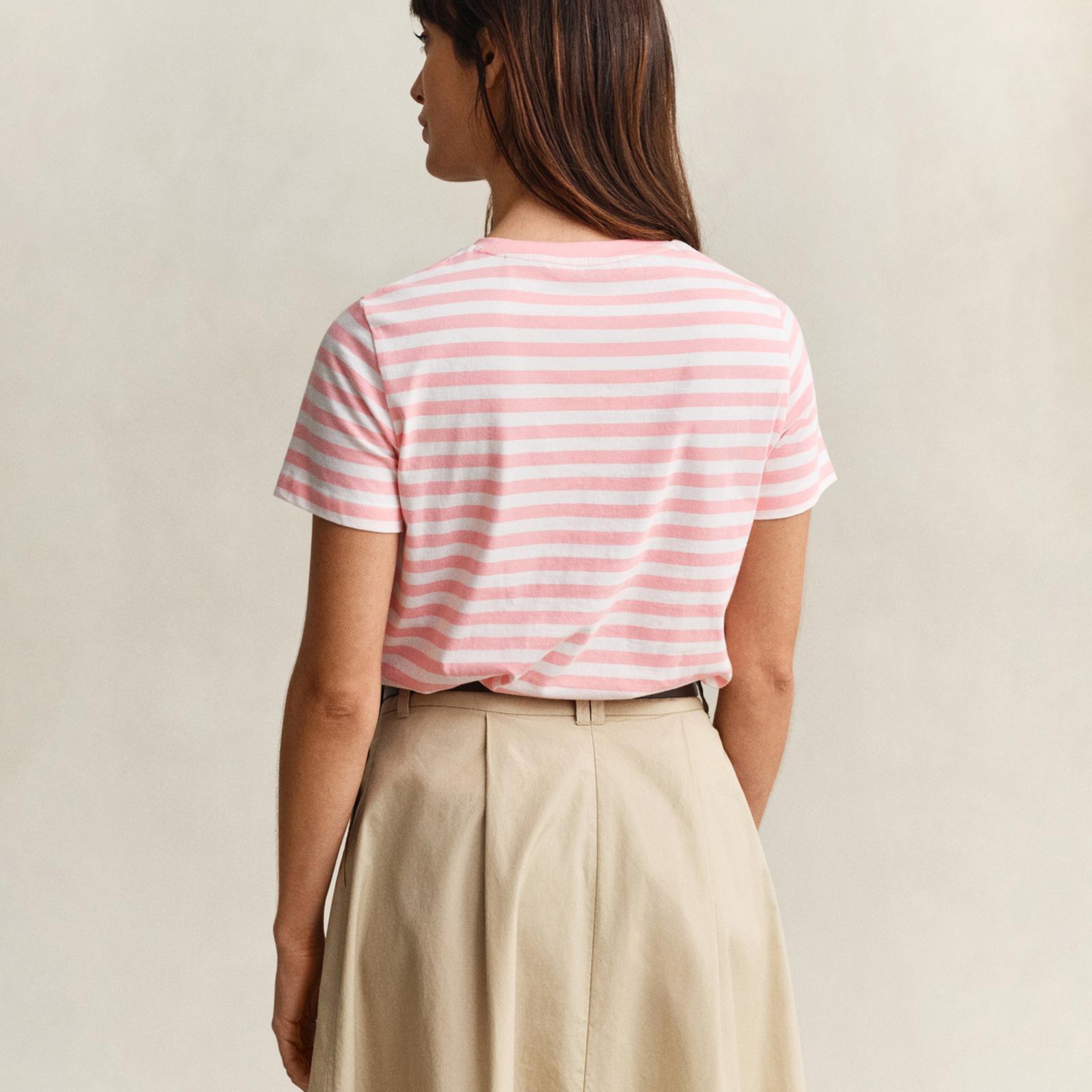 GANT Kadın Pembe Bisiklet Yaka Regular Fit Çizgili T-Shirt
