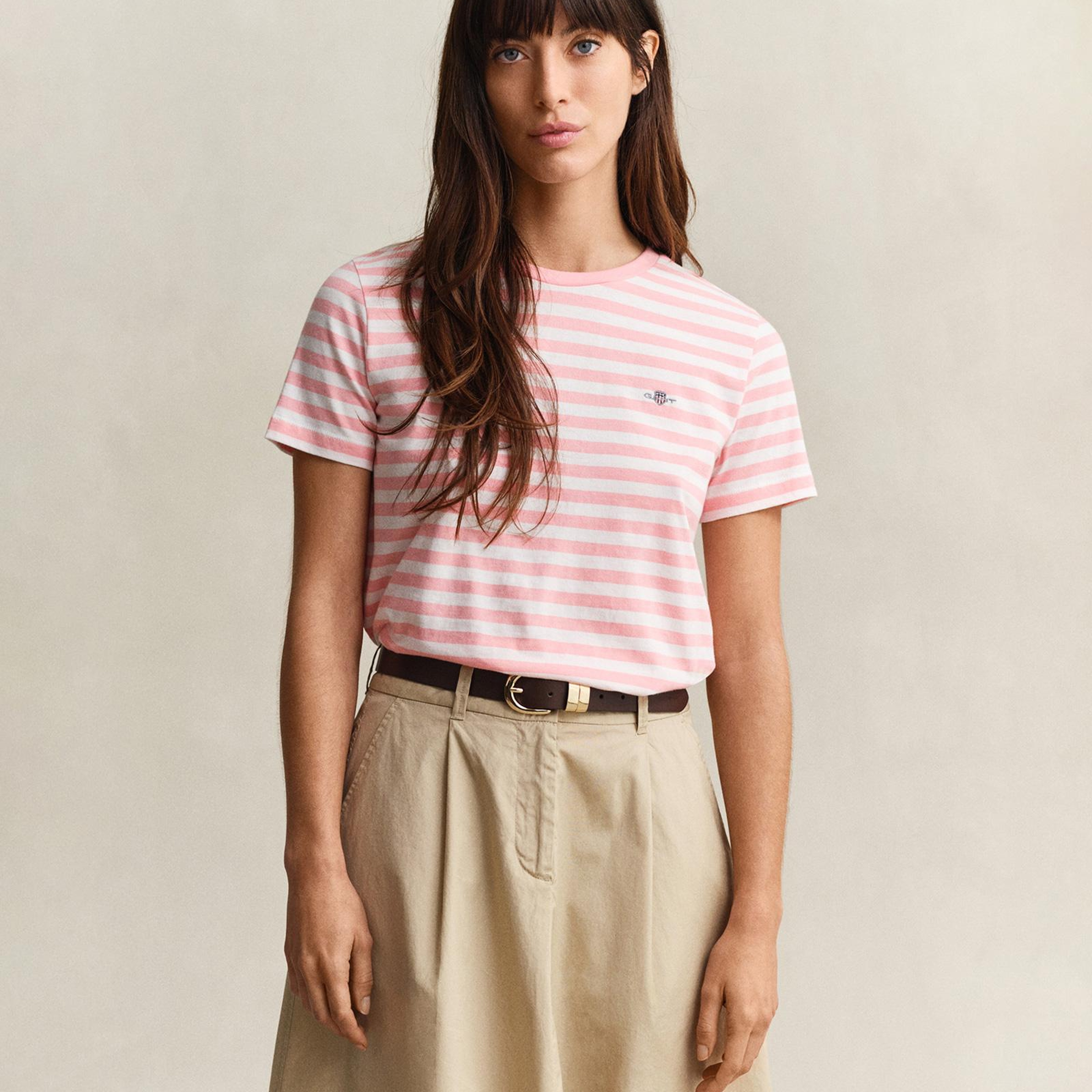 GANT Kadın Pembe Bisiklet Yaka Regular Fit Çizgili T-Shirt
