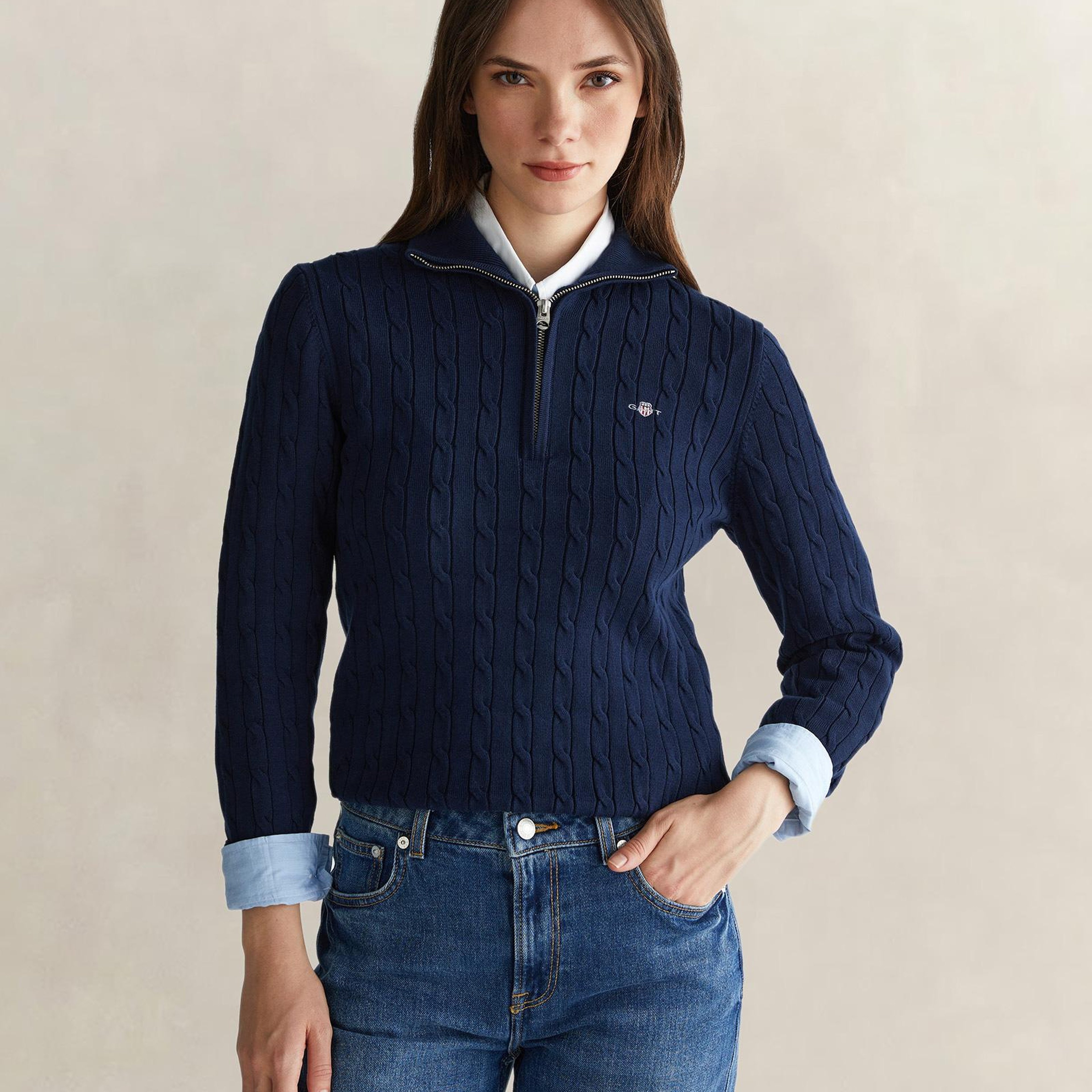GANT Kadın Lacivert Regular Fit Yarım Fermuarlı Triko