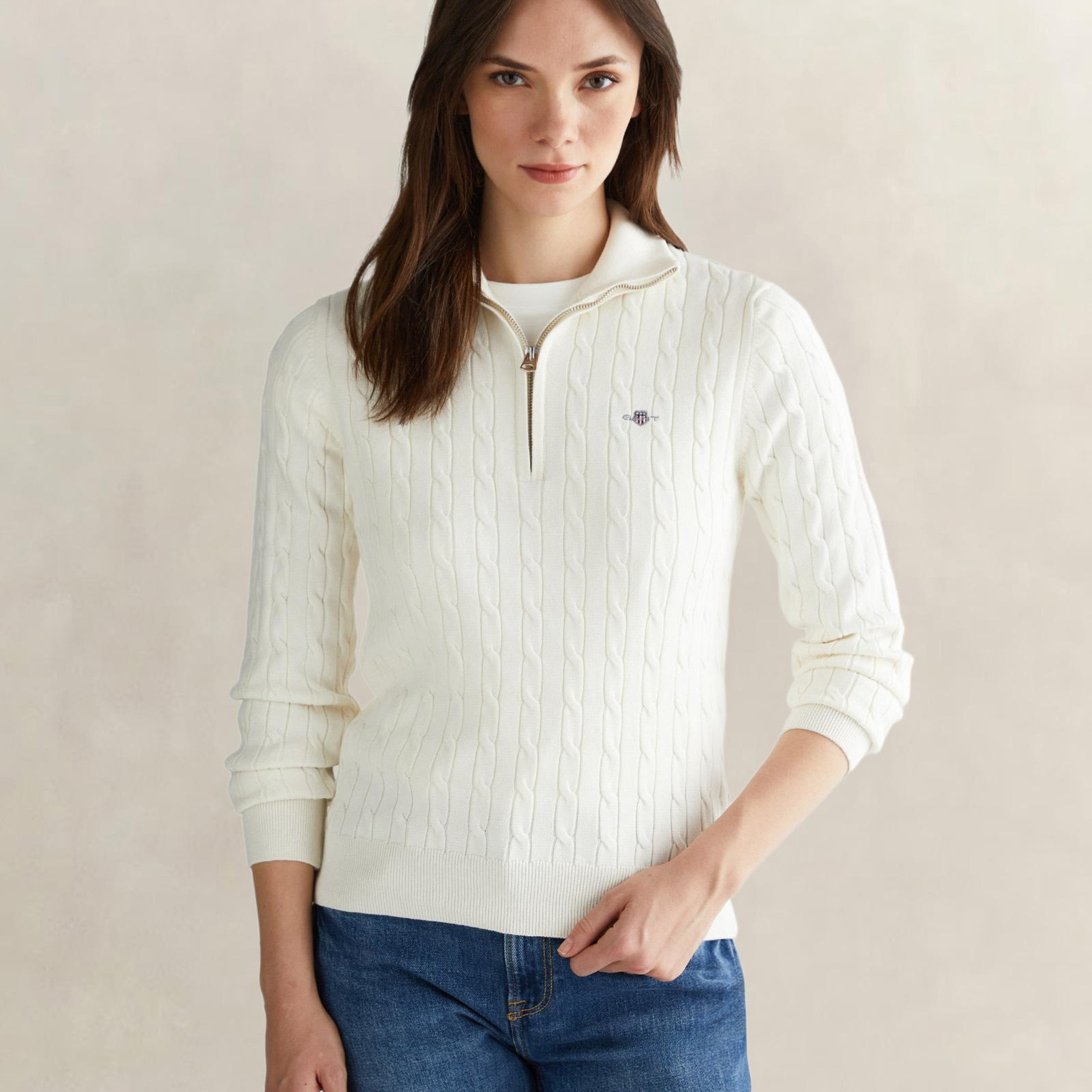 GANT Kadın Beyaz Regular Fit Yarım Fermuarlı Triko