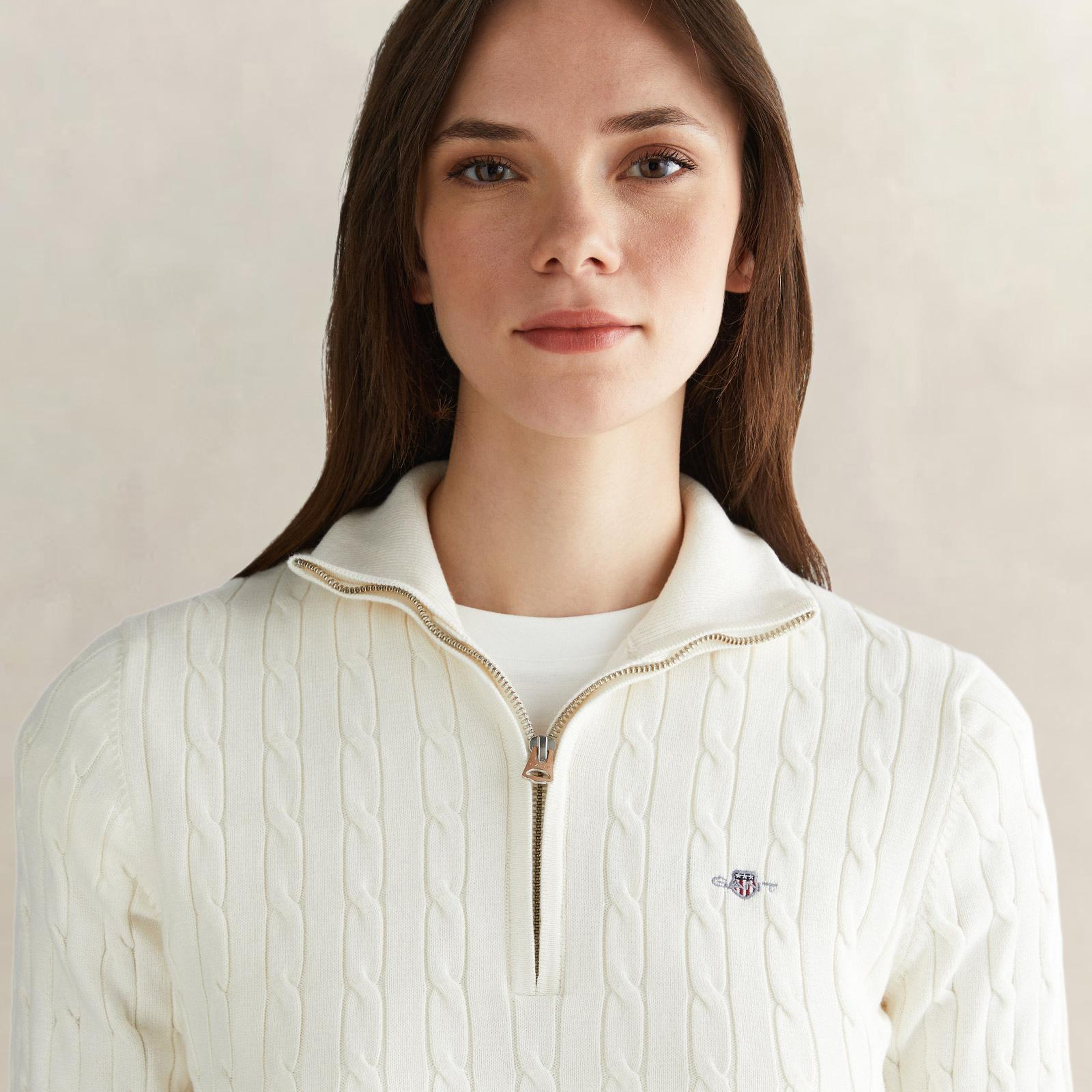 GANT Kadın Beyaz Regular Fit Yarım Fermuarlı Triko
