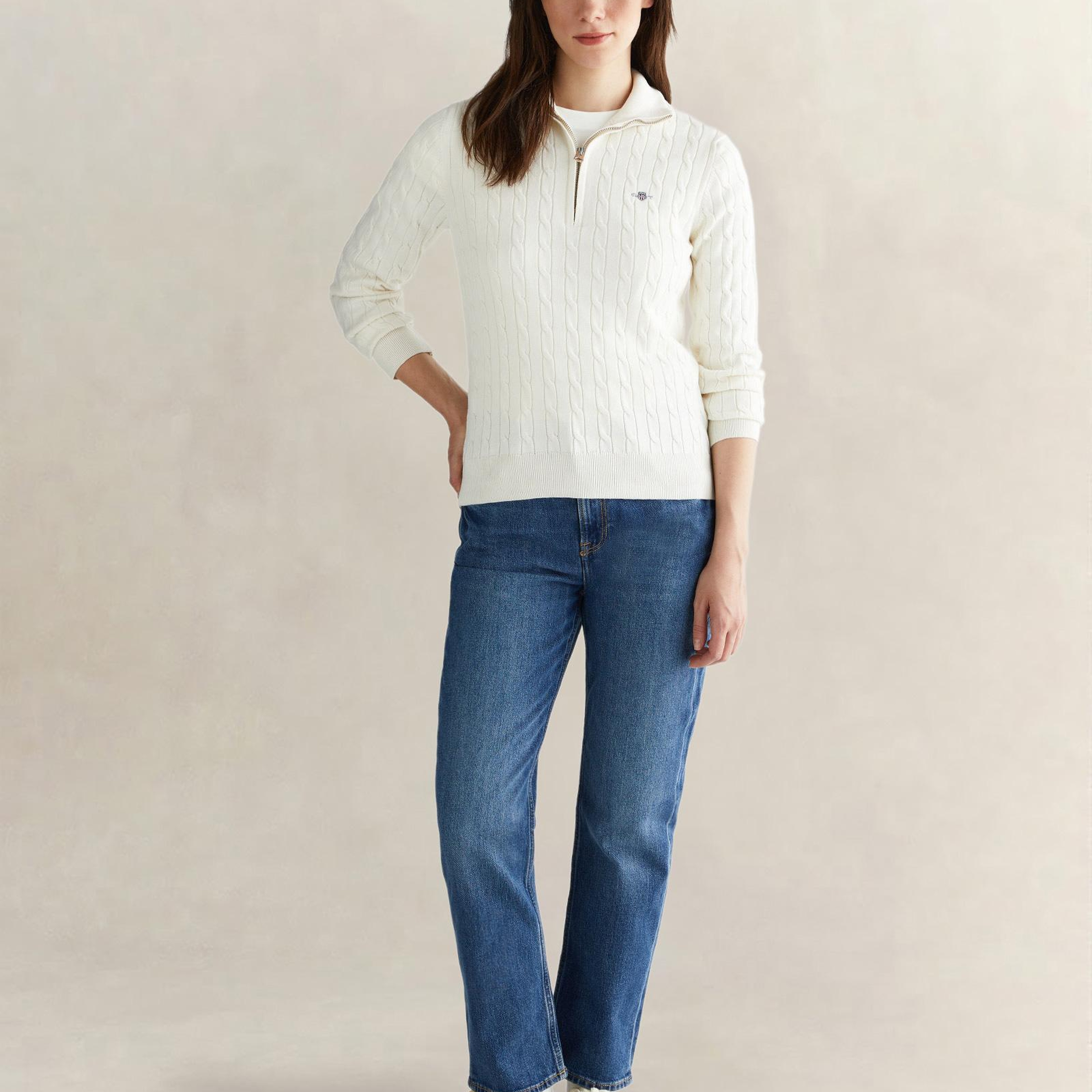 GANT Kadın Beyaz Regular Fit Yarım Fermuarlı Triko