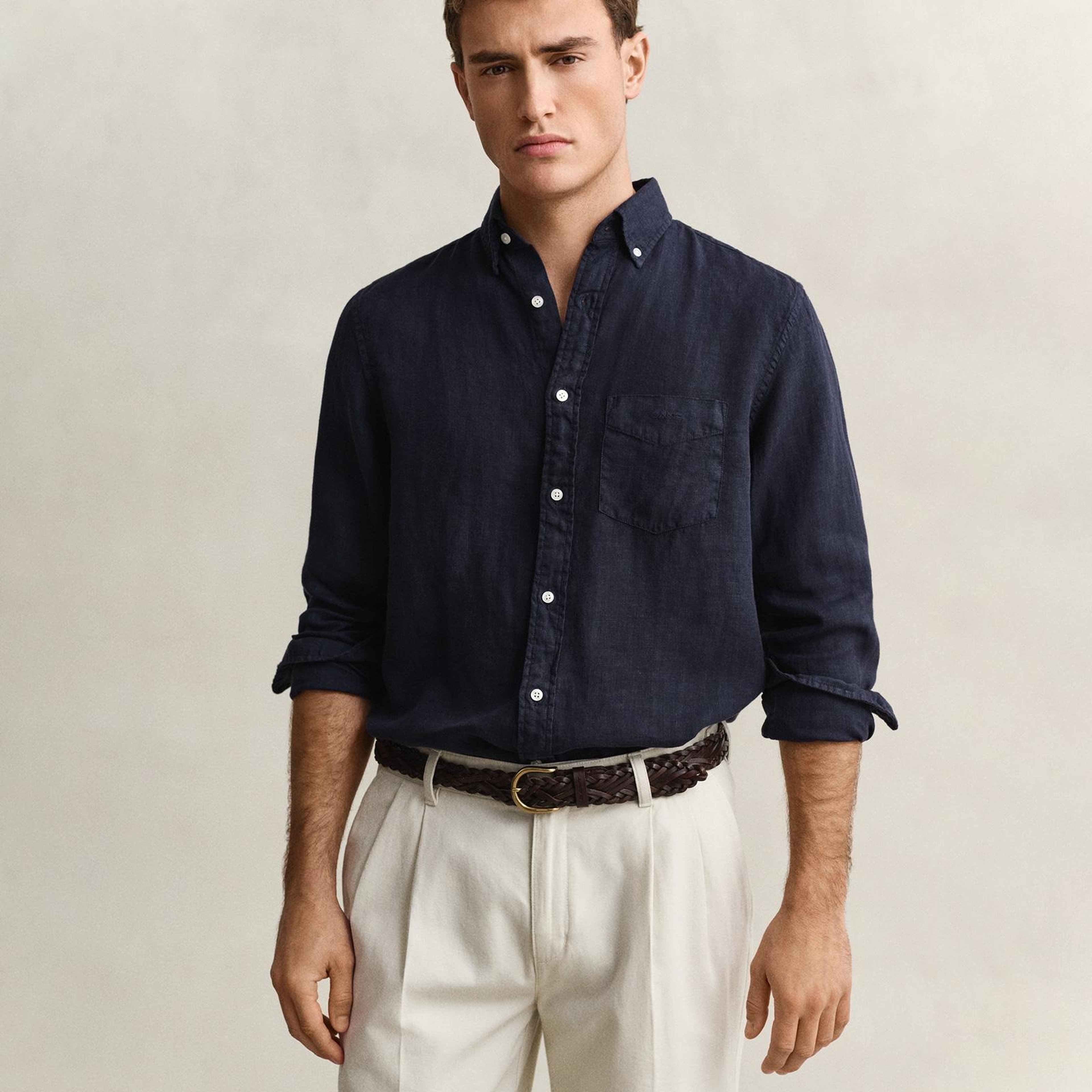 GANT Erkek Lacivert Regular Fit Düğmeli Yaka Keten Gömlek