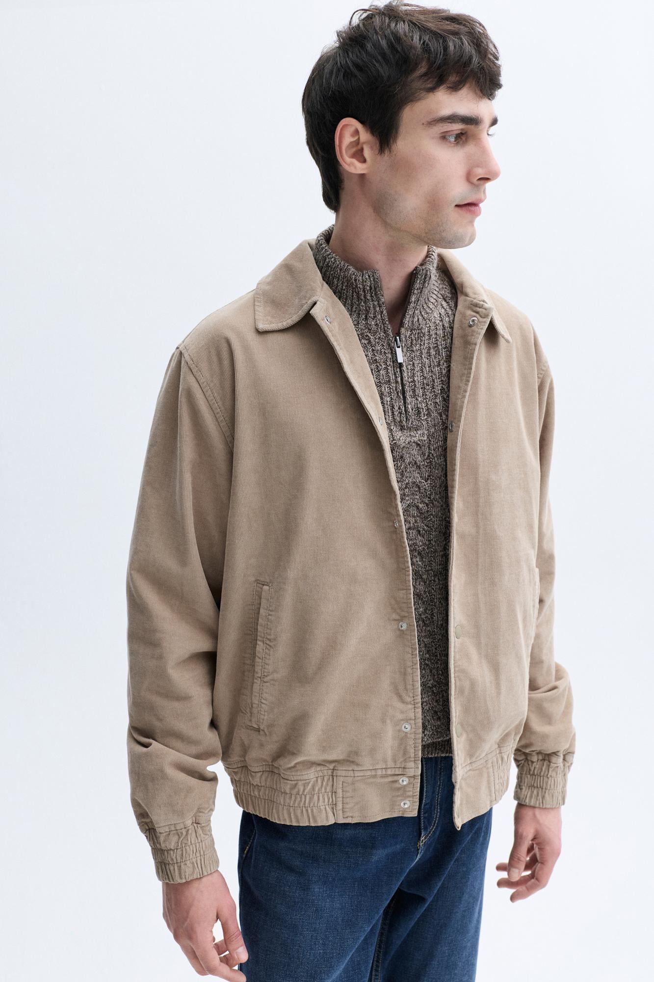 Erkek Vizon Rengi Regular Fit Kadife Dokulu Bomber Ceket