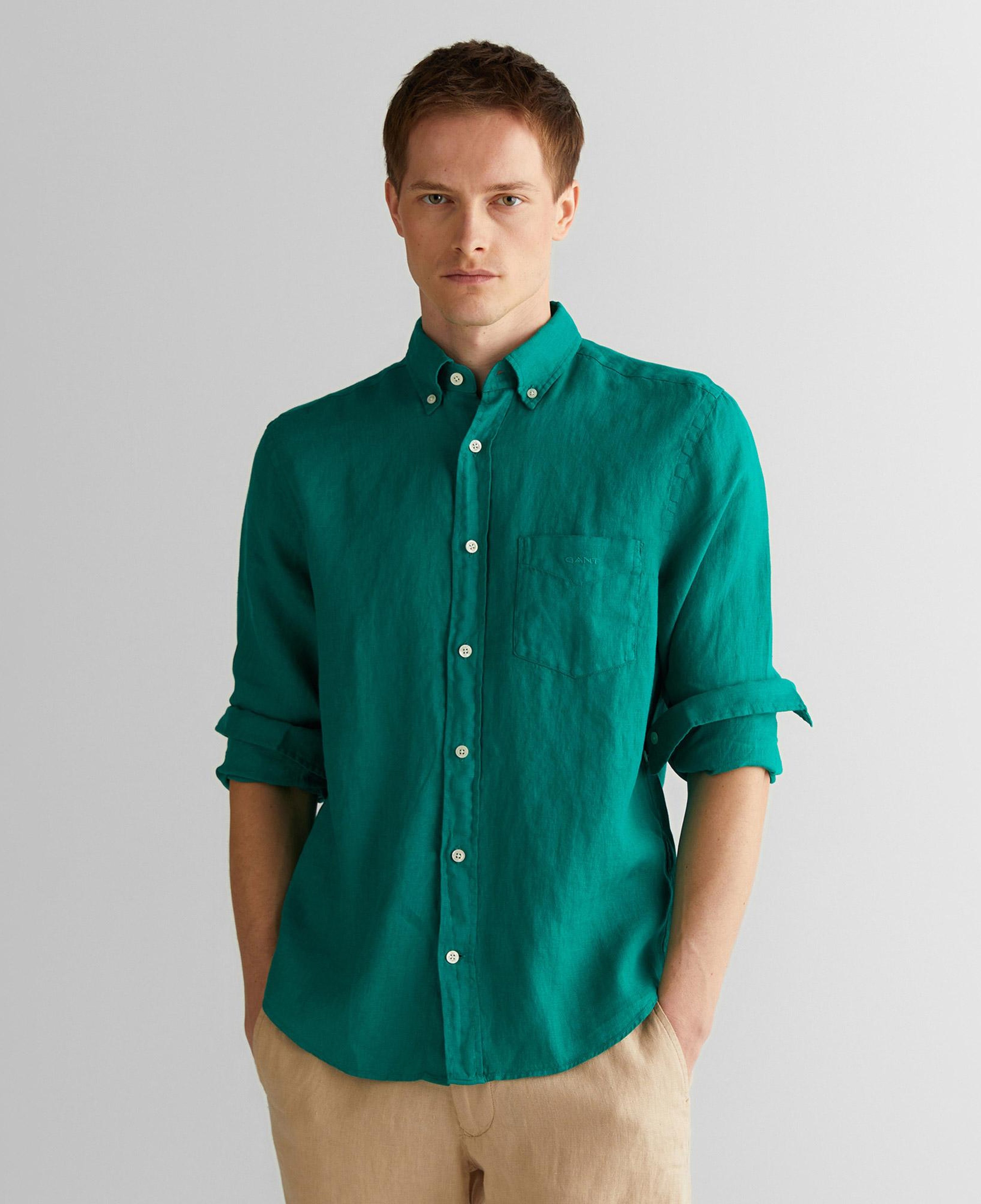 GANT Erkek Yeşil Regular Fit Düğmeli Yaka Keten Gömlek
