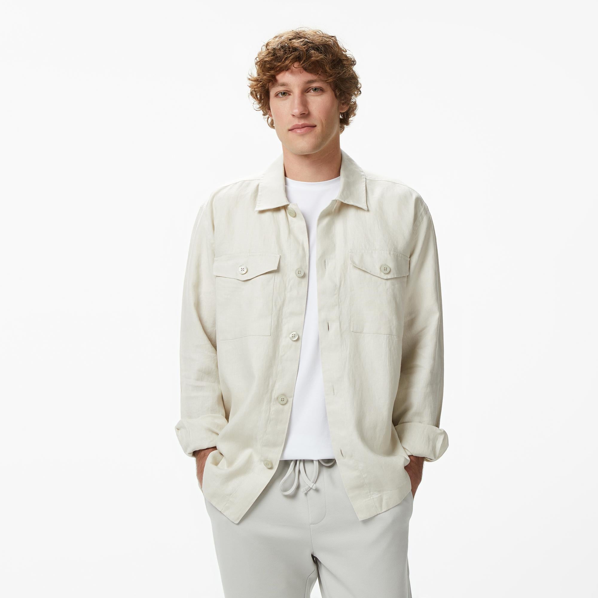 Nautica Erkek Krem Regular Fit Keten Gömlek