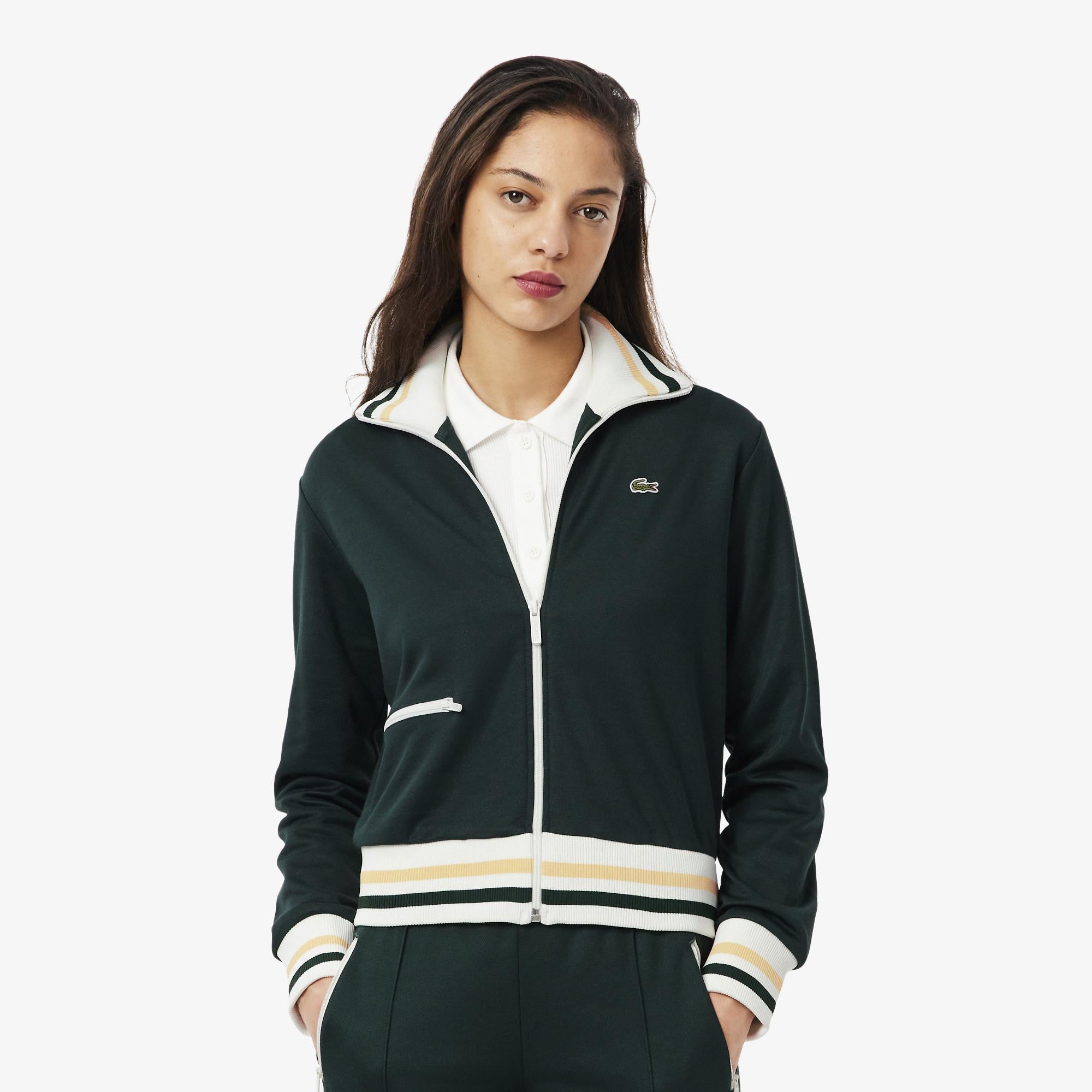 Kadın Regular Fit Fermuarlı Renk Bloklu Koyu Yeşil Sweatshirt
