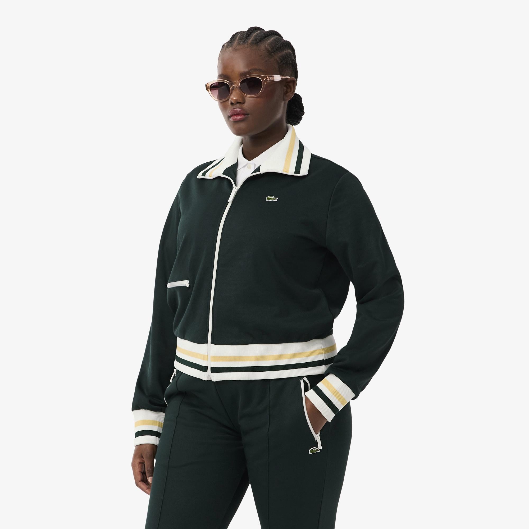 Kadın Regular Fit Fermuarlı Renk Bloklu Koyu Yeşil Sweatshirt