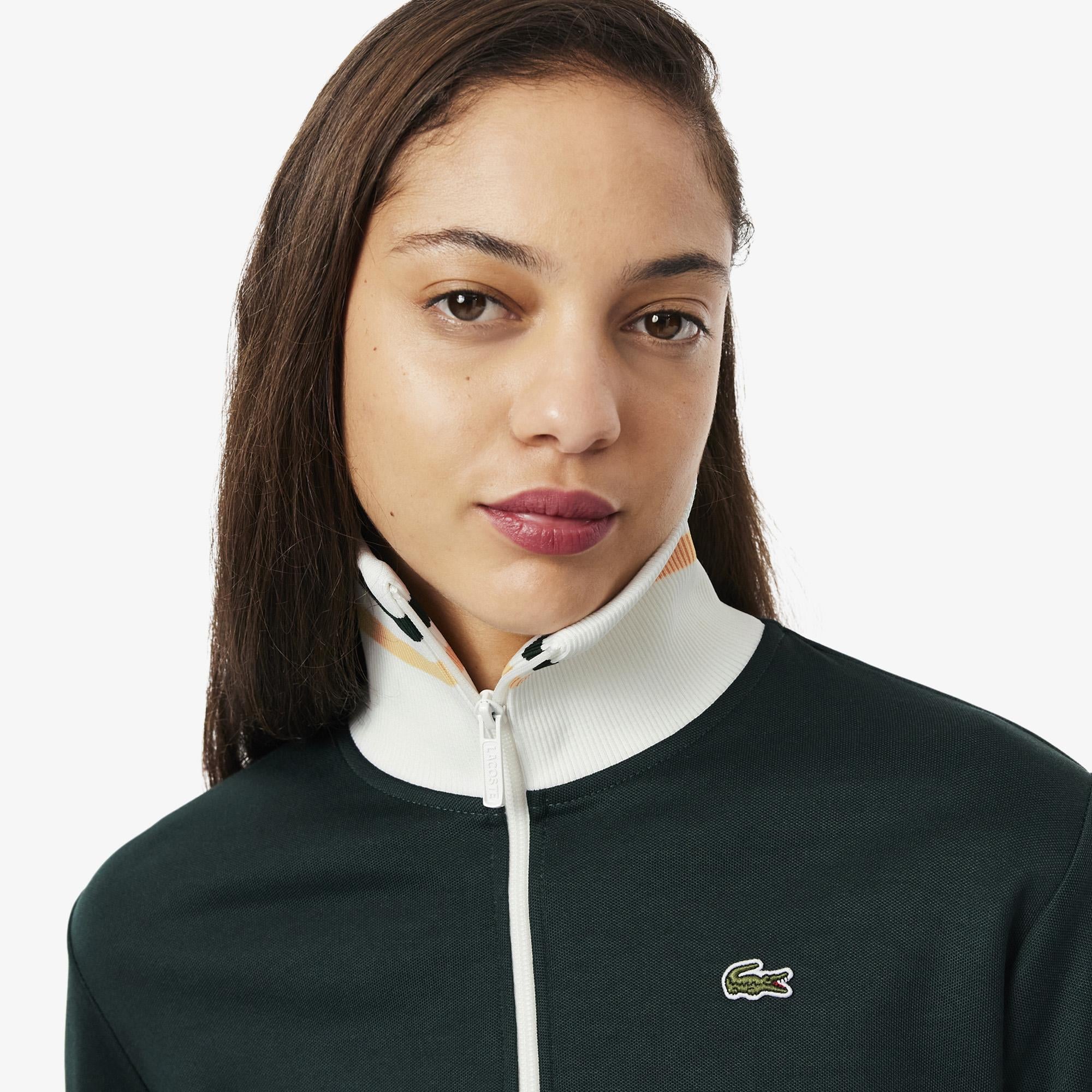 Kadın Regular Fit Fermuarlı Renk Bloklu Koyu Yeşil Sweatshirt
