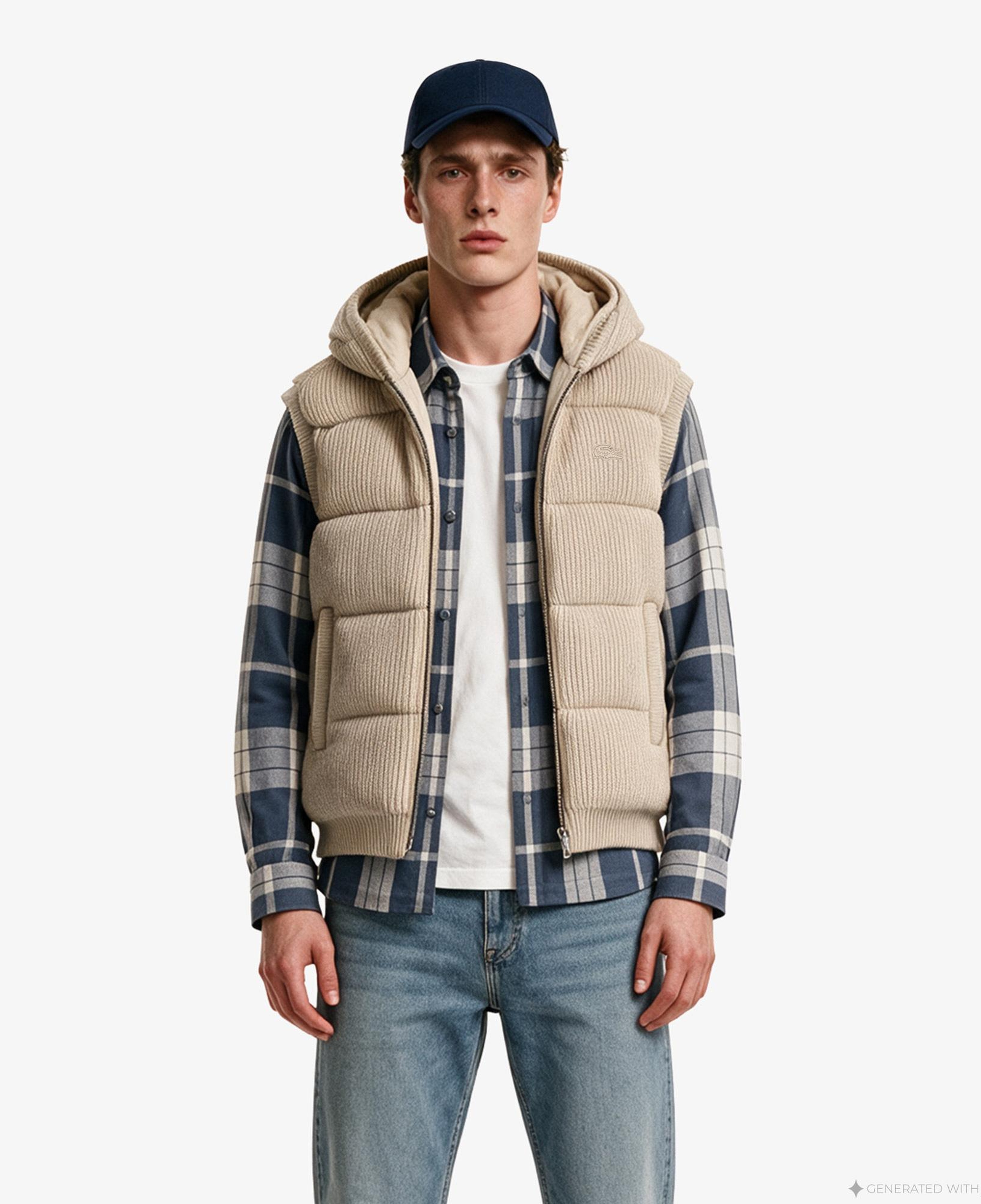 Erkek Classic Fit Kapüşonlu Bej Yelek