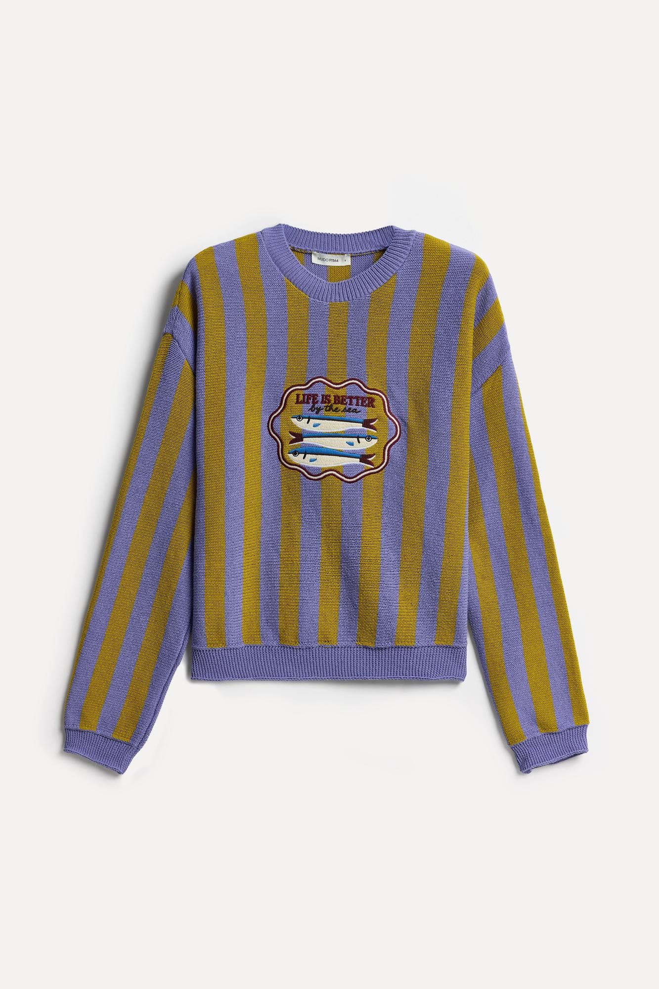 Kadın Mor Çizgili Nakışlı Loose Fit Bisiklet Yaka Kazak