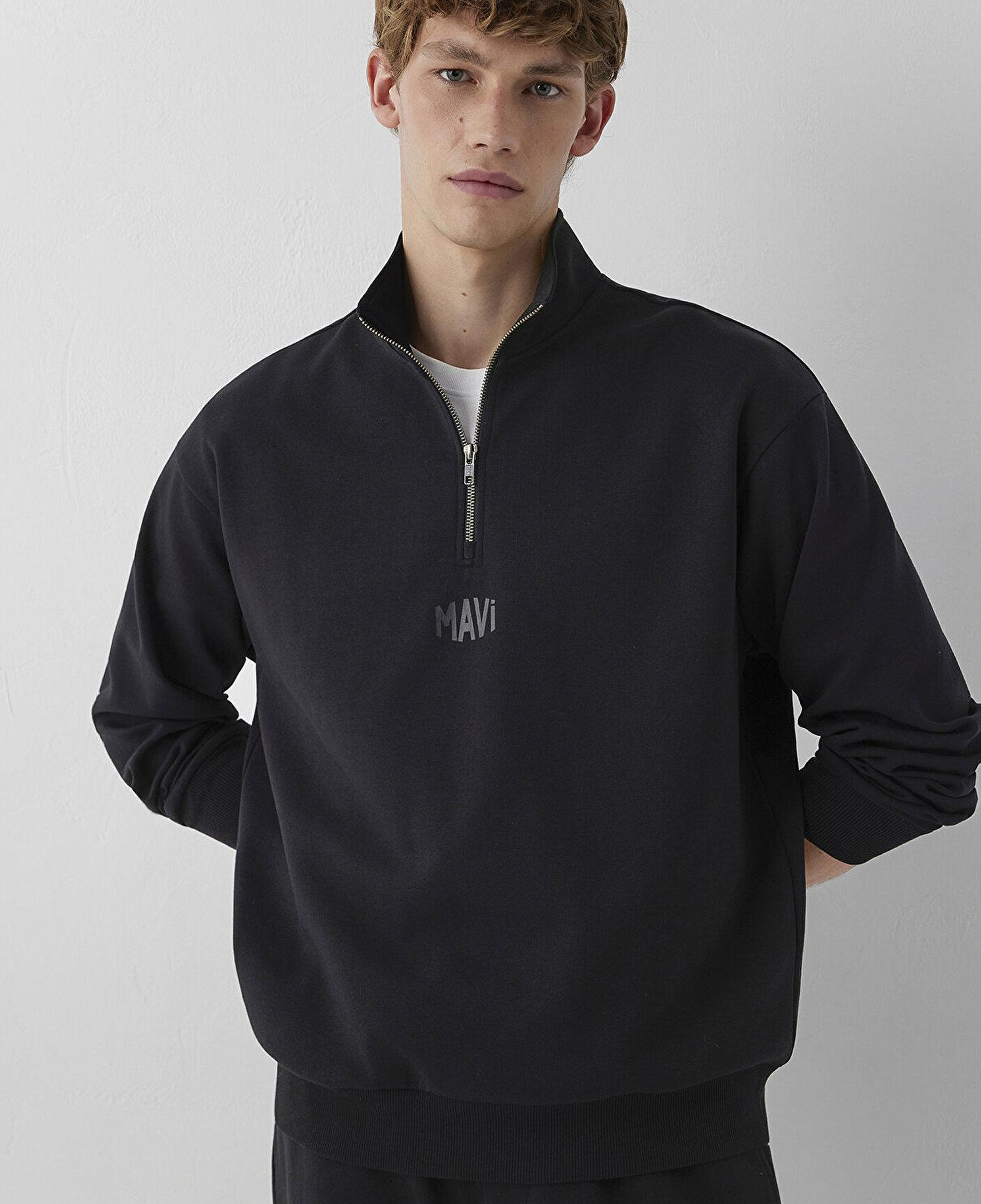 Mavi Mavi Logo Baskılı Yarı Fermuarlı Siyah İnterlok Sweatshirt 0S10681-900