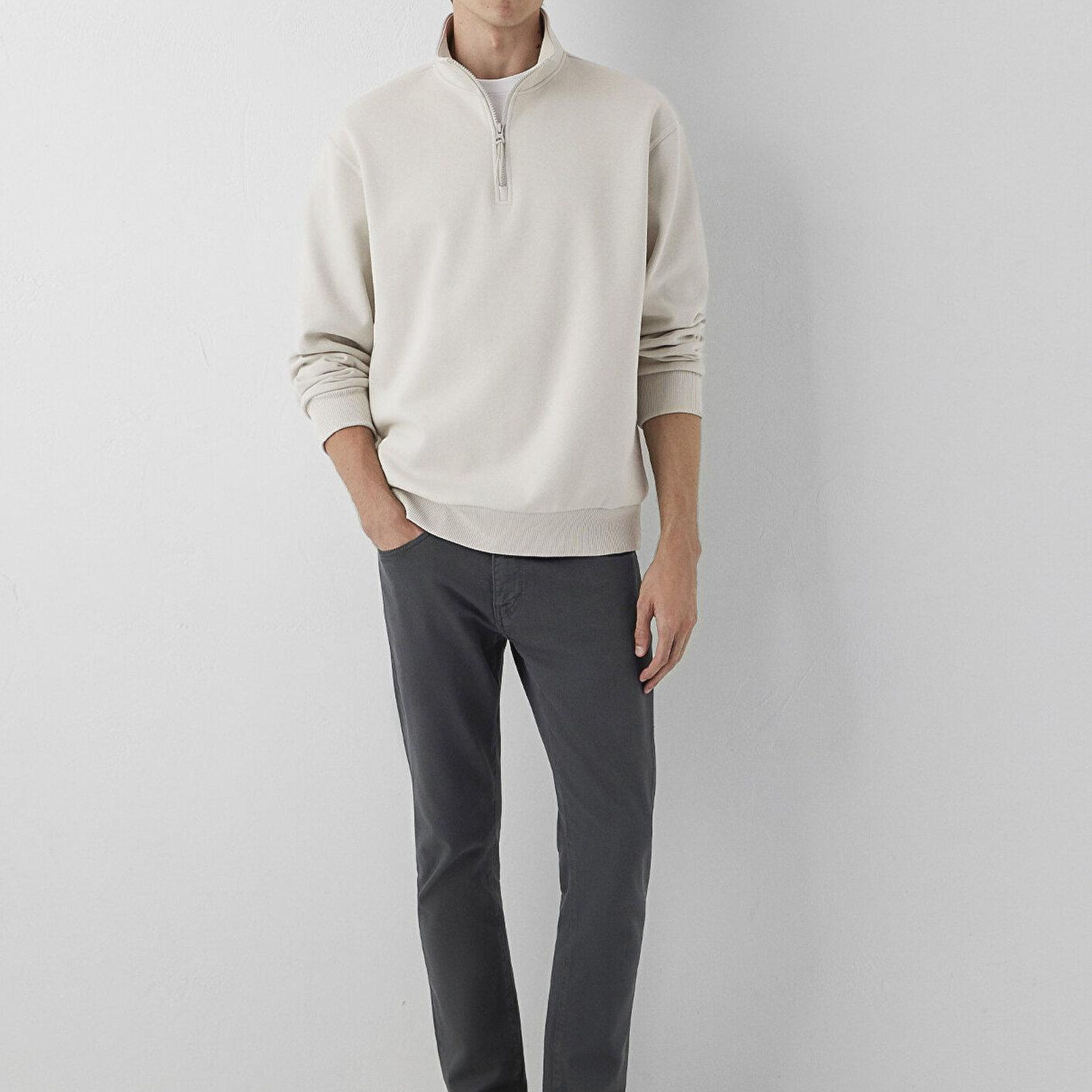 Mavi Yarı Fermuarlı Bej Basic Sweatshirt 0S10278-70144
